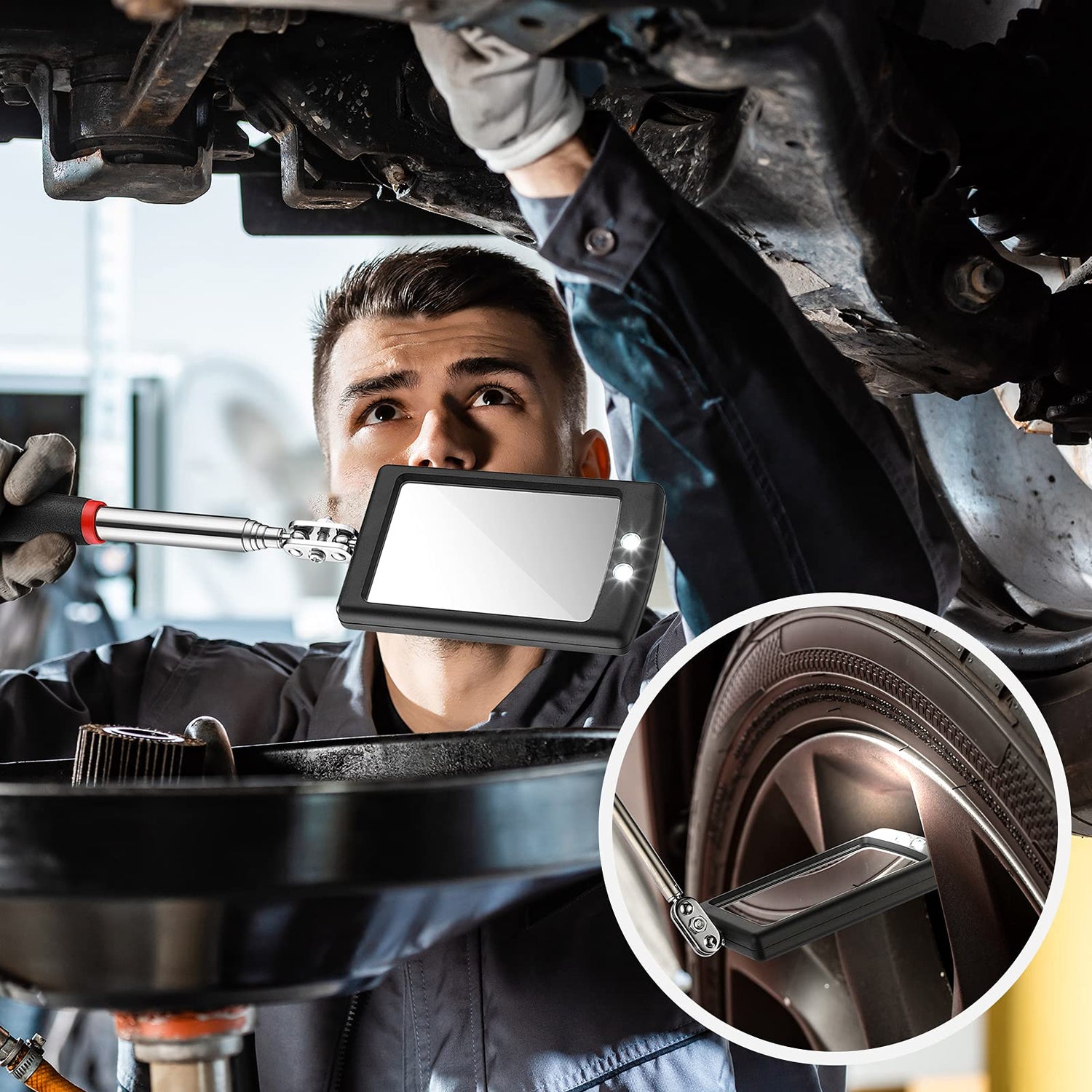 Frienda 2 Pieces Lighted Telescoping Inspection Mirror Flexible Retractable LED Automotive Extension Mirror Round Dental Mirror with Light Pickup Frienda