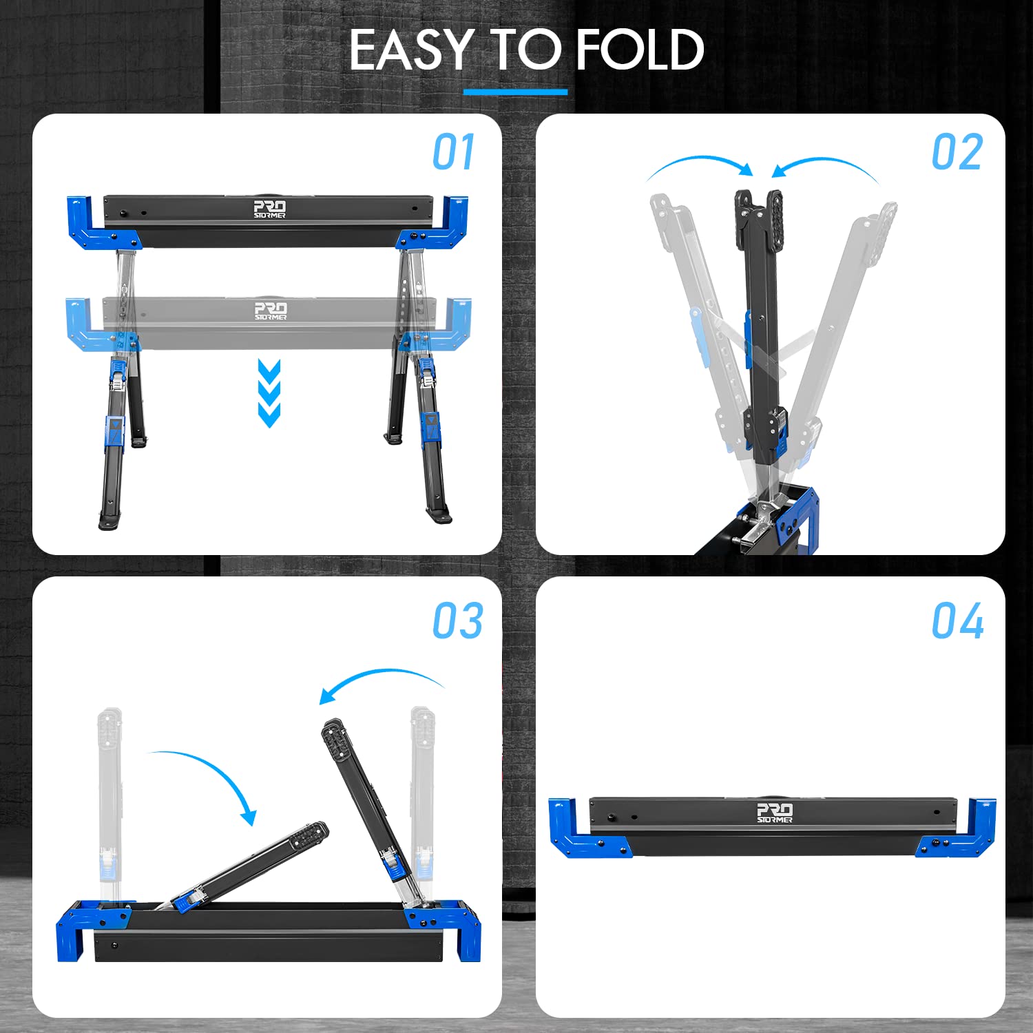 Prostormer Portable Folding Sawhorse 2 Pack, Heavy Duty Saw Horses 2600Lbs Weight Capacity Each Twin Pack, Durable Table Stand with Folding Legs and Prostormer