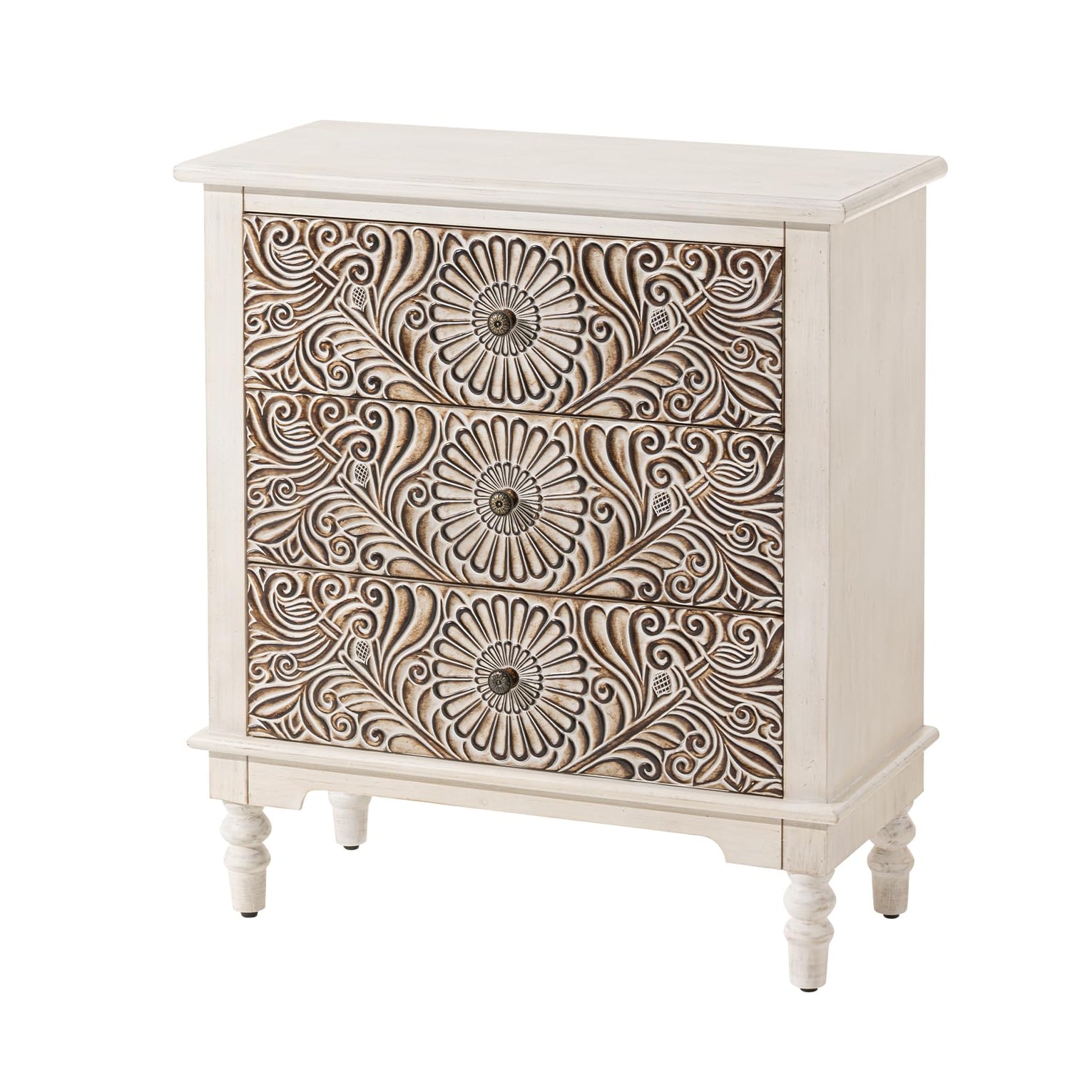 HOMPUS End Table w Flower Pattern, Nightstand w 3 Storage Drawers, Small Night Stand w Wood Grain Finish, Accent Table Side Table, Small Chest HOMPUS