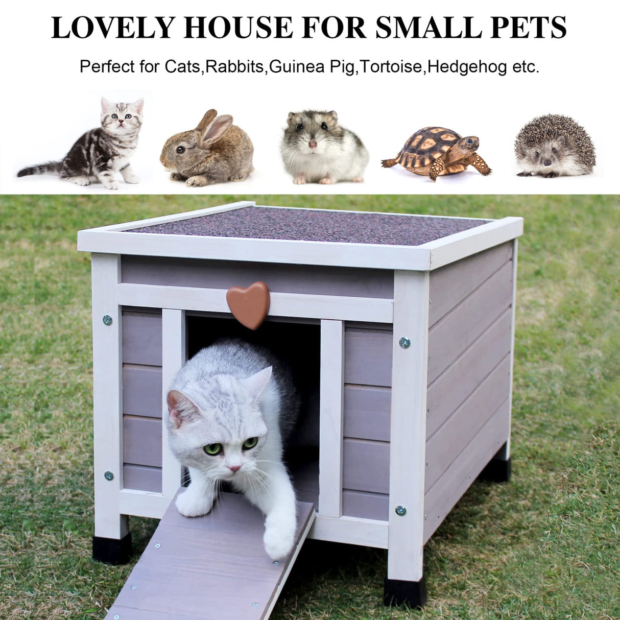 Deblue Weatherproof Cat House for Outdoor Cats, Wooden Small Pet House Outside, Feral Cat Shelter with Elevated Floor and Lockable Door - Grey Deblue