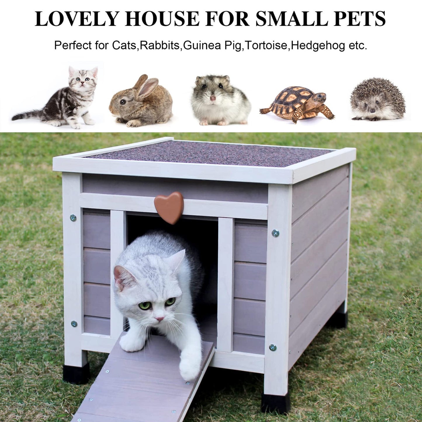 Deblue Weatherproof Cat House for Outdoor Cats, Wooden Small Pet House Outside, Feral Cat Shelter with Elevated Floor and Lockable Door - Grey - WoodArtSupply