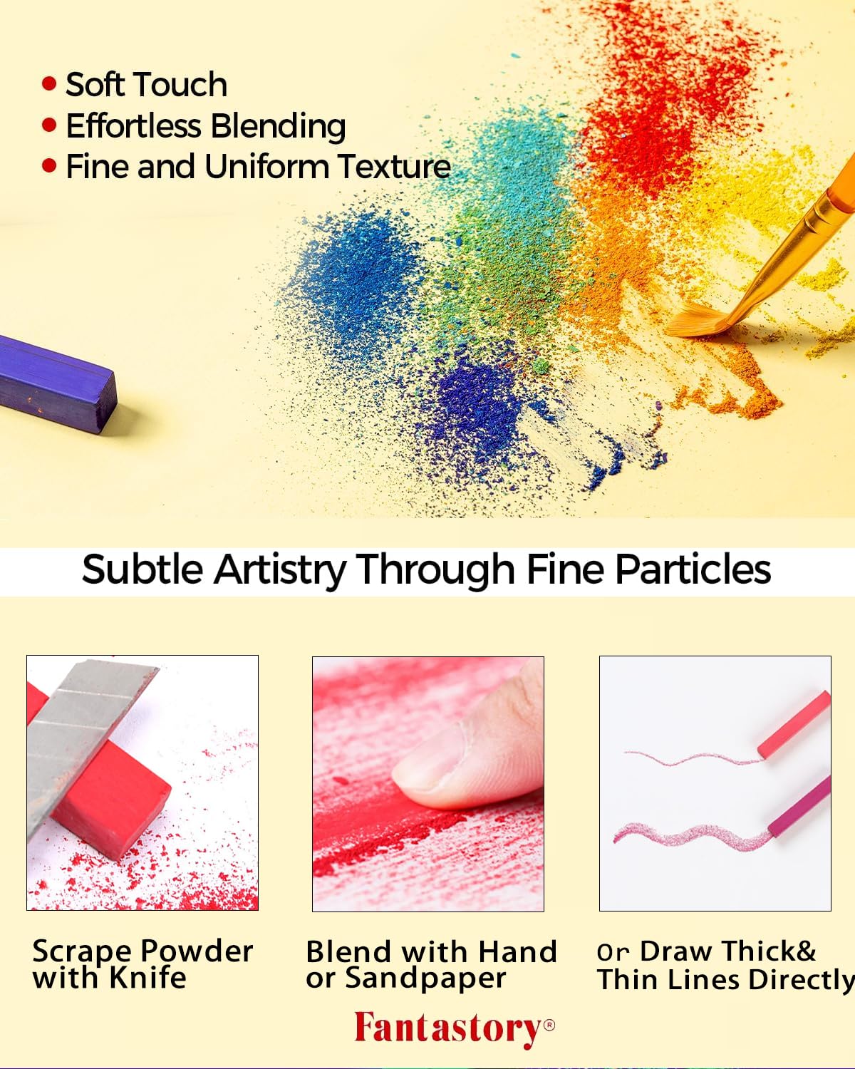 Fantastory Long Soft Chalk Pastels Set, 72 Sticks,Includes 5 Fluorescent Colors,Non Toxic Soft Pastels for Fantastory