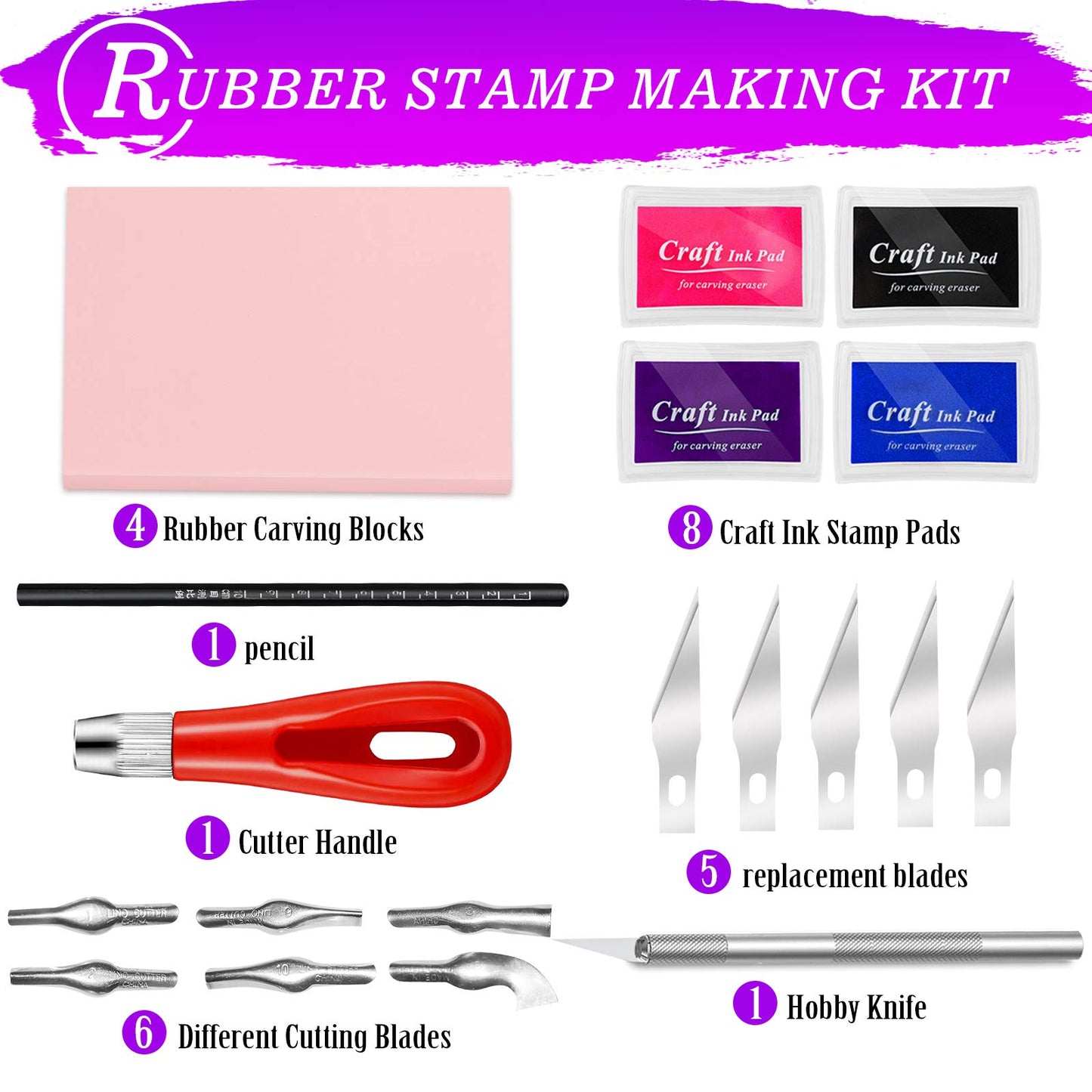 WAYCOM 18 Pcs Rubber Stamp Making Kit,Rubber Carving Block Linoleum Cutter Set Rubber Stamp Carving Block Craft Ink Pad Hobby Knife Pencil for DIY