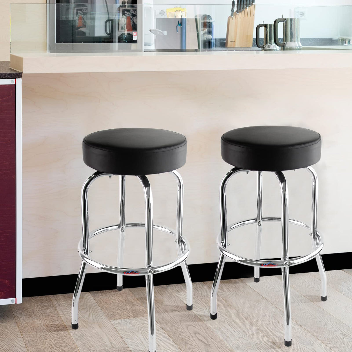 Ruedamann 29" H Iron Backless Swivel Bar Stool,Holds Up to 300 lbs,Shop Stool with Black Leatherette Padded Chrome Frame, Black Ruedamann