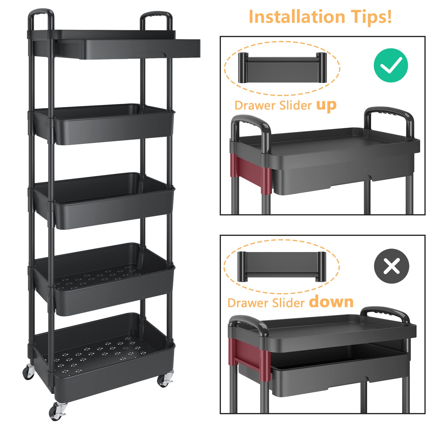 Calmootey 5-Tier Rolling Utility Cart with Drawer,Multifunctional Storage Organizer with Plastic Shelf & Metal Wheels,Storage Cart for - WoodArtSupply