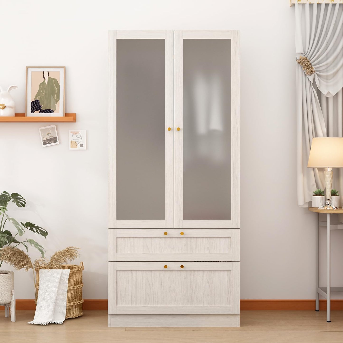 Homsee 31.5”L Armoire Wardrobe Closet with Frosted Glass Doors, Hanging Bar & 2 Drawers, Warm Grey Wooden Closet Storage Cabinet for Bedroom - WoodArtSupply