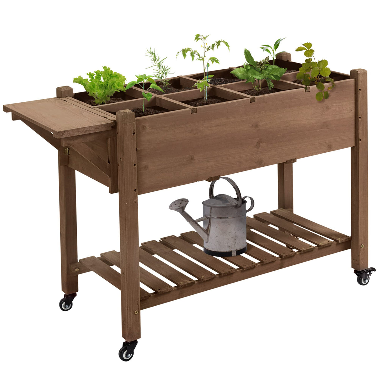 Outsunny Raised Garden Bed with 8 Grow Grids, Wooden Outdoor Plant Box Stand with Folding Side Table and Wheels, 49" x 21" x 34", for Vegetables, Outsunny