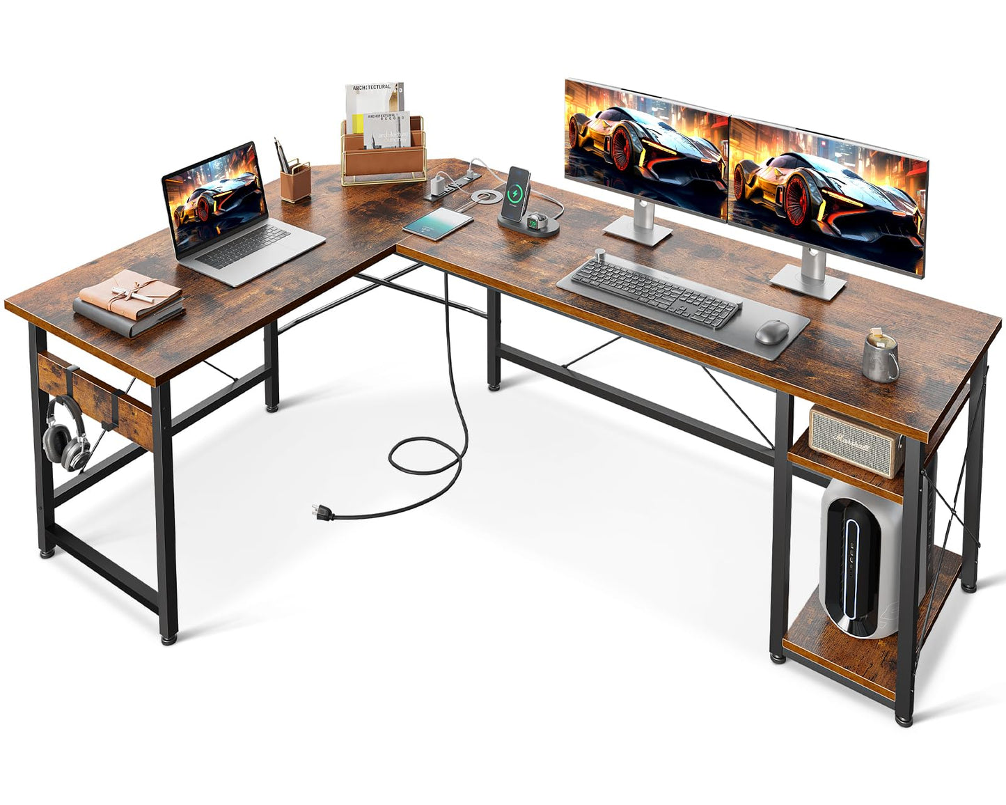 Coleshome L Shaped Computer Desk 66" with Power Outlet & Storage Shelves, Corner Sturdy Writing Desk Workstation, Modern Wooden Office Gaming Desk,