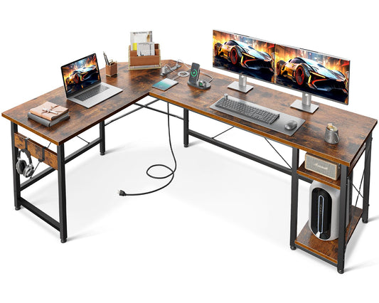 Coleshome L Shaped Computer Desk 66" with Power Outlet & Storage Shelves, Corner Sturdy Writing Desk Workstation, Modern Wooden Office Gaming Desk, - WoodArtSupply