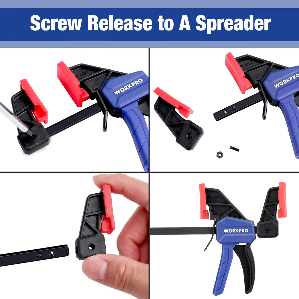 WORKPRO 6" Mini Bar Clamps for Woodworking, One-Handed Clamp/Spreader, Light-Duty Screw-Change F Clamp with 50lbs Load Limit, 2PC WORKPRO