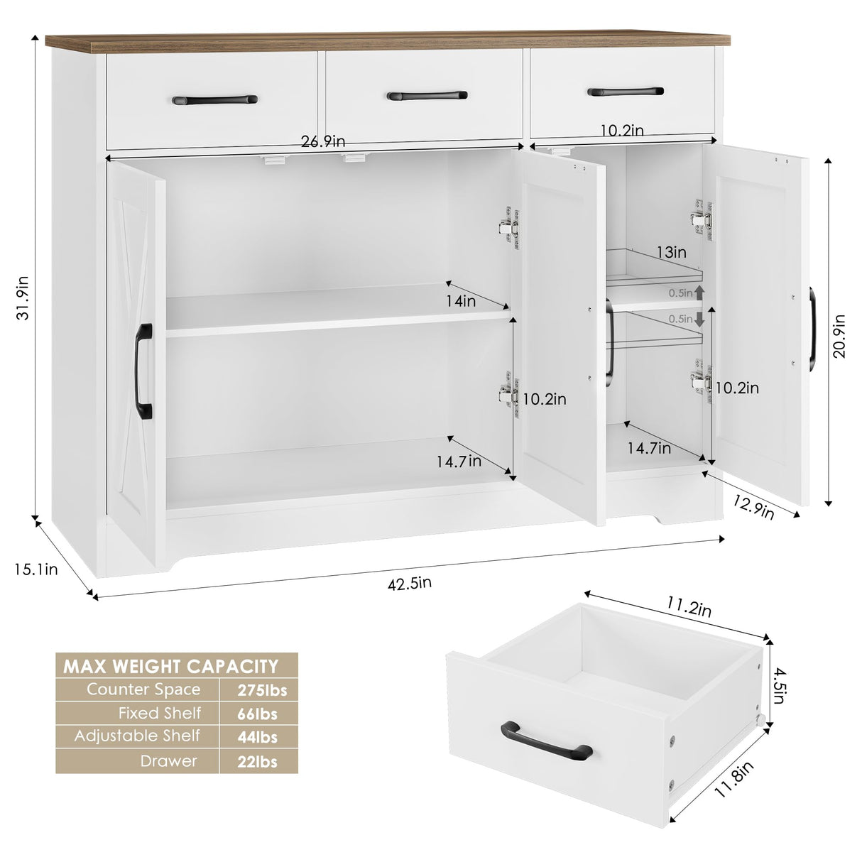 HOSTACK Modern Farmhouse Sideboard Buffet Cabinet, Barn Doors Buffet Storage Cabinet with Drawers and Shelves, Wood Coffee Bar Cabinet with Storage HOSTACK