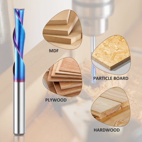 HQMaster 5 Pcs Spiral CNC Router Bits Set Down Cut 1/4” Shank Solid Carbide Spiral Downcut CNC Bits with Nano Blue Coating End Mill for Wood Cut HQMaster