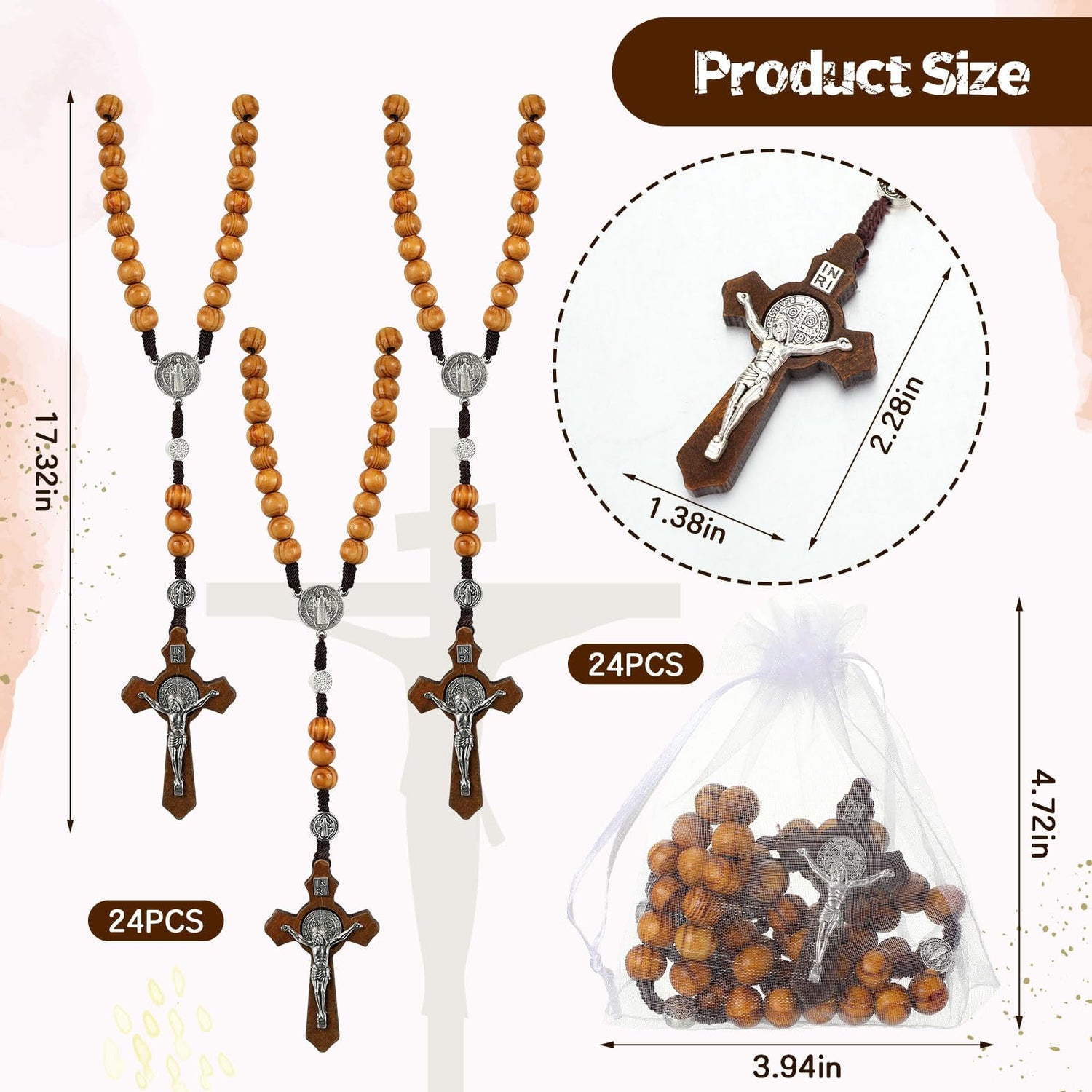 Equsion 24 Set Wooden Bead Rosary Necklace Catholic Rosary Wood Carved Beads with Jesus Cross Our Father Solid Wooden Rosary Beads with Organza Bag Equsion