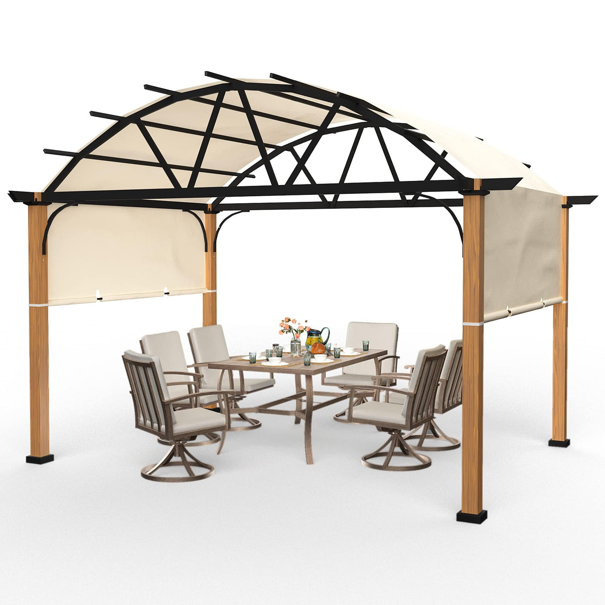 HAPPATIO 10' X 13' Outdoor Pergola with Sling Retractable Pergola Canopy, Wood-Like Aluminum Patio Pergola Shade for Patio, Backyard, Garden,Poolside HAPPATIO