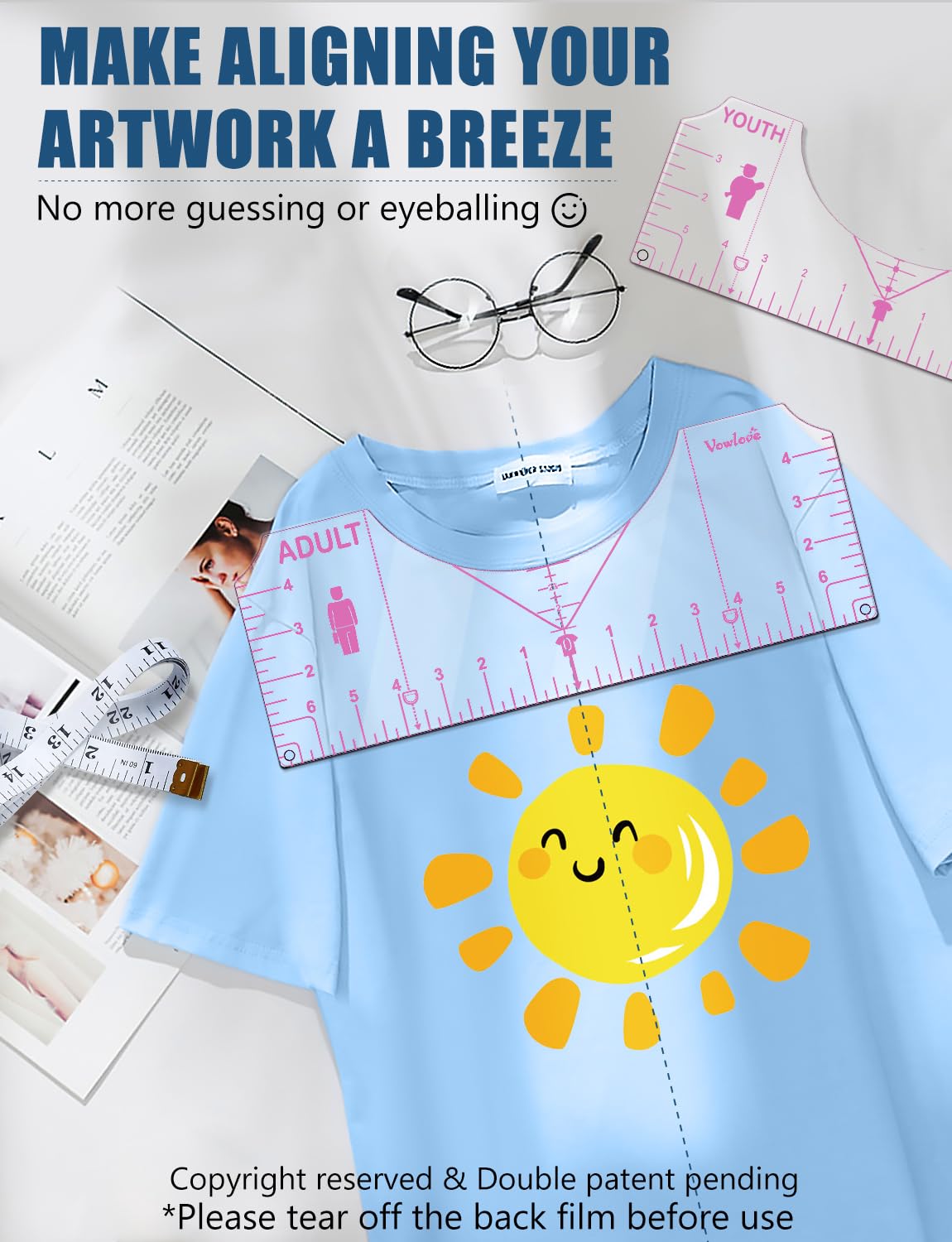 Tshirt Ruler Guide Vinyl Alignment Tool - Sublimation Accessories, T Shirt rulers to Center Designs, Transparent V-Neck/Round PVC Ruler for Adult Vowlove