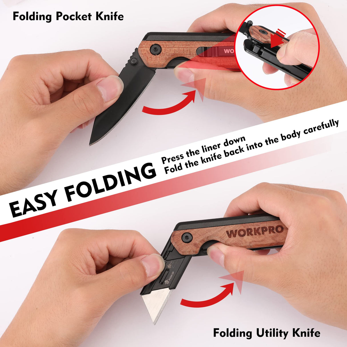 WORKPRO 2-in-1 Folding Knife/Utility Knife, Quick-Change Box Cutter with Belt Clip and Liner Lock, Extra 10 SK5 Blades Included WORKPRO