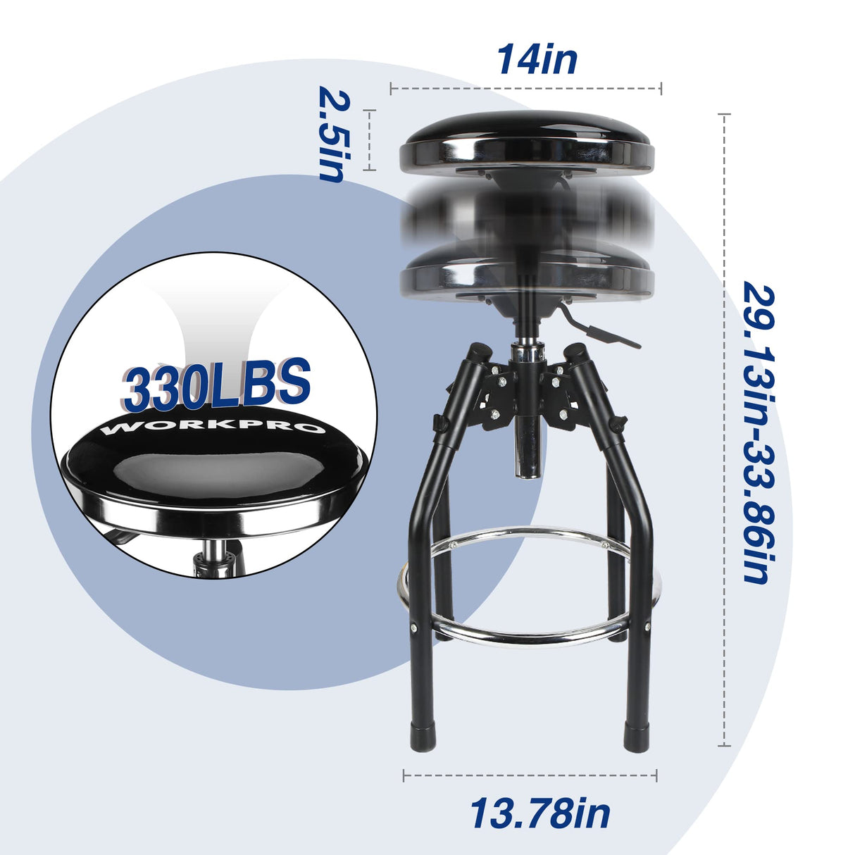 WORKPRO Heavy Duty Adjustable Hydraulic Shop Stool,Garage Bar Stool, 29in to 33.86in, 330-Pound Capacity, Black WORKPRO
