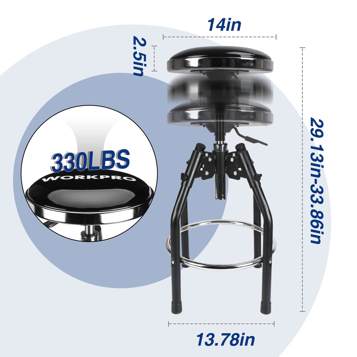 WORKPRO Heavy Duty Adjustable Hydraulic Shop Stool,Garage Bar Stool, 29in to 33.86in, 330-Pound Capacity, Black - WoodArtSupply