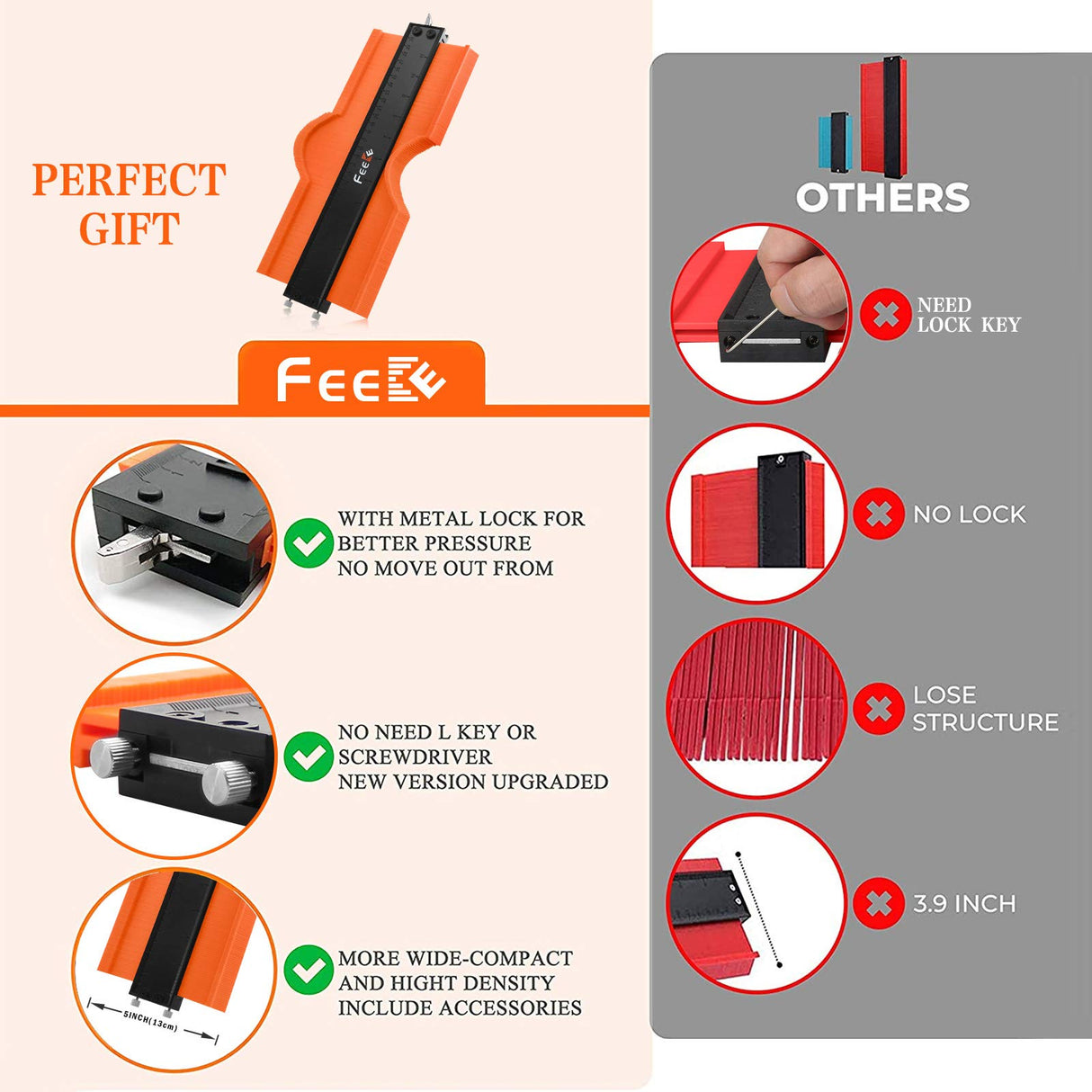 Contour Gauge (12 Inch) with Lock Profile Tool, Christmas Day Gifts Woodworking Tools Carpenter Tools for Men Construction Scribe Tools, Gifts for Feeke
