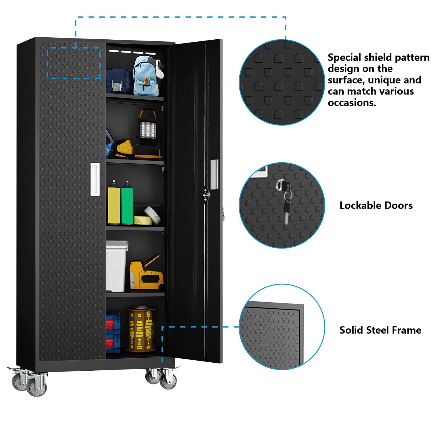 Metal Storage Cabinets Locker for Home Office, 72" Garage Storage Cabinet with Wheels, Lockable Door & Adjustable Shelves, Tall Large Steel Cabinet Gwichomo