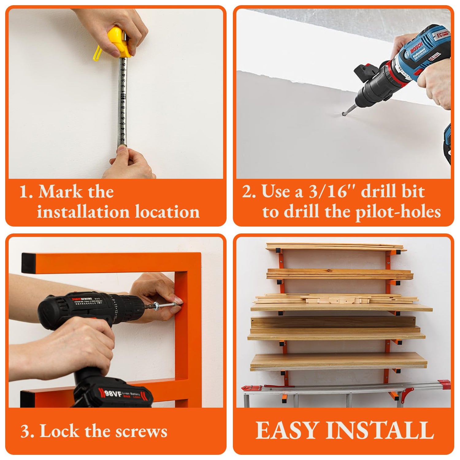 MOOMSINE Lumber Storage Rack Wall Mount, Heavy Duty Metal Wood Organizer with 6-Level Each Shelf Holds Up 200 Lbs, Indoor & Outdoor Use - 4pack MOOMSINE