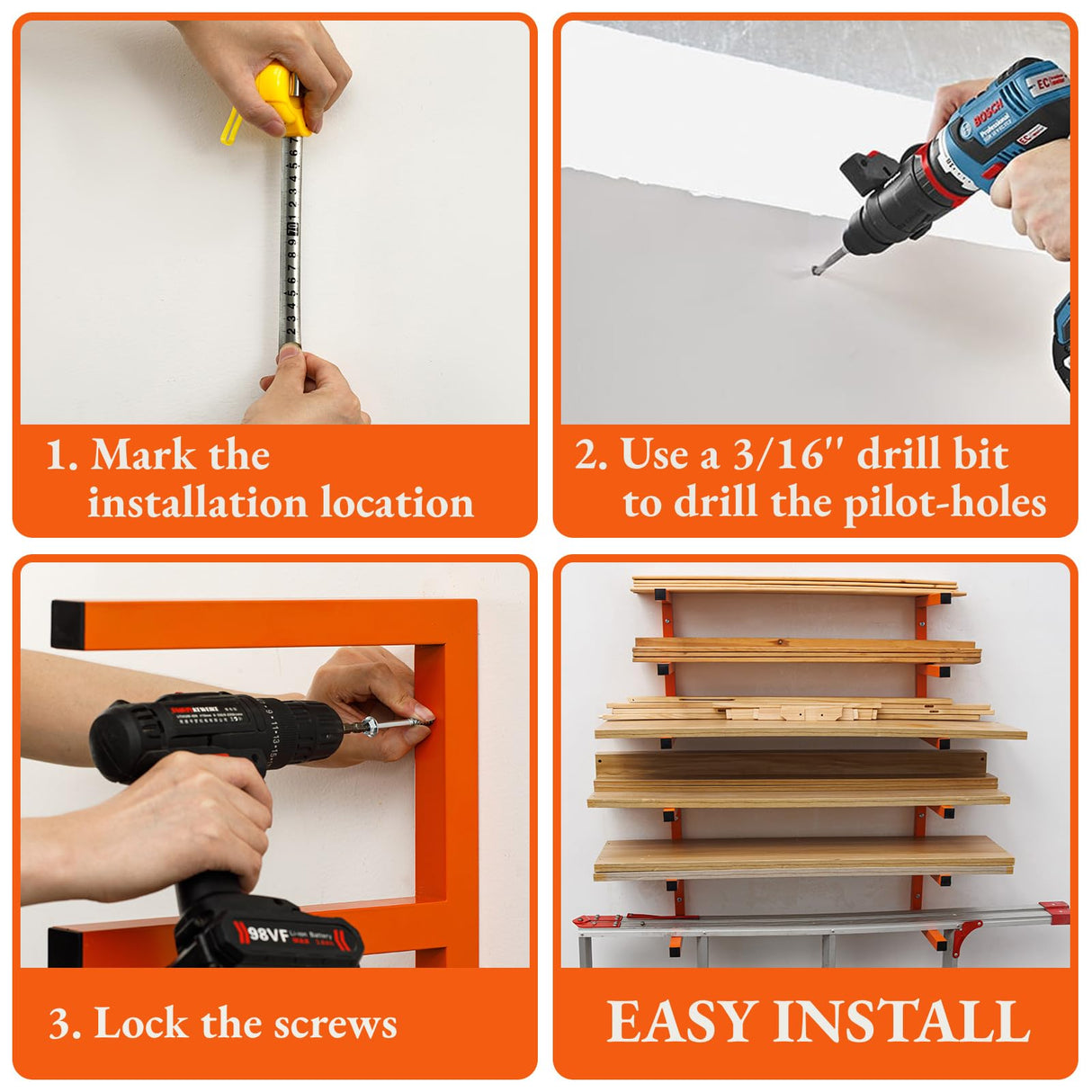 MOOMSINE Lumber Storage Rack Wall Mount, Heavy Duty Metal Wood Organizer with 6-Level Each Shelf Holds Up 200 Lbs, Indoor & Outdoor Use - 4pack MOOMSINE