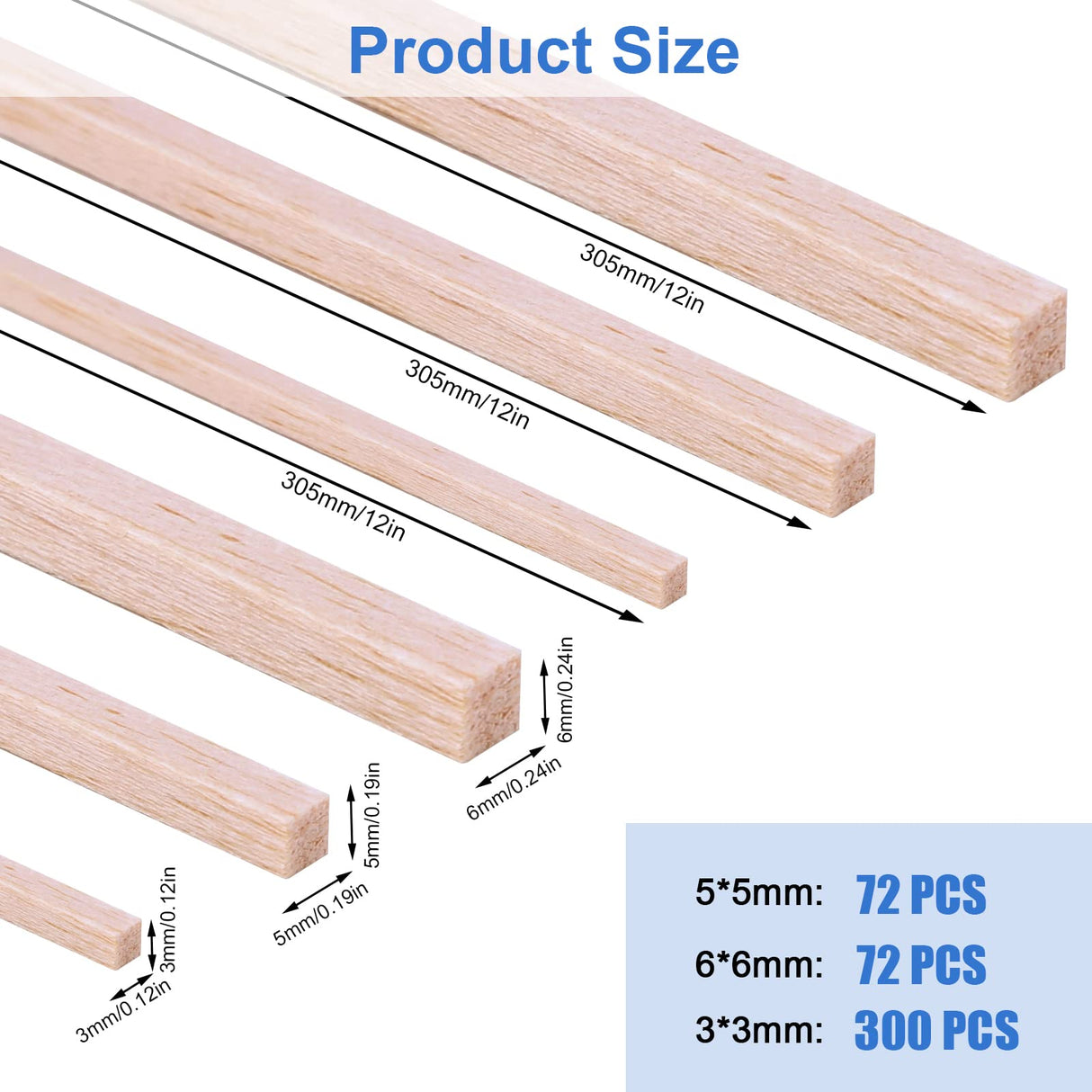 444 Pieces Wood Strips Balsa Square Wooden Dowels 1/8 Inch, 3/16 Inch, 1/4 Inch, Square Dowel Rods 12 Inch Hardwood Unfinished Wood Sticks for Crafts Piklodo