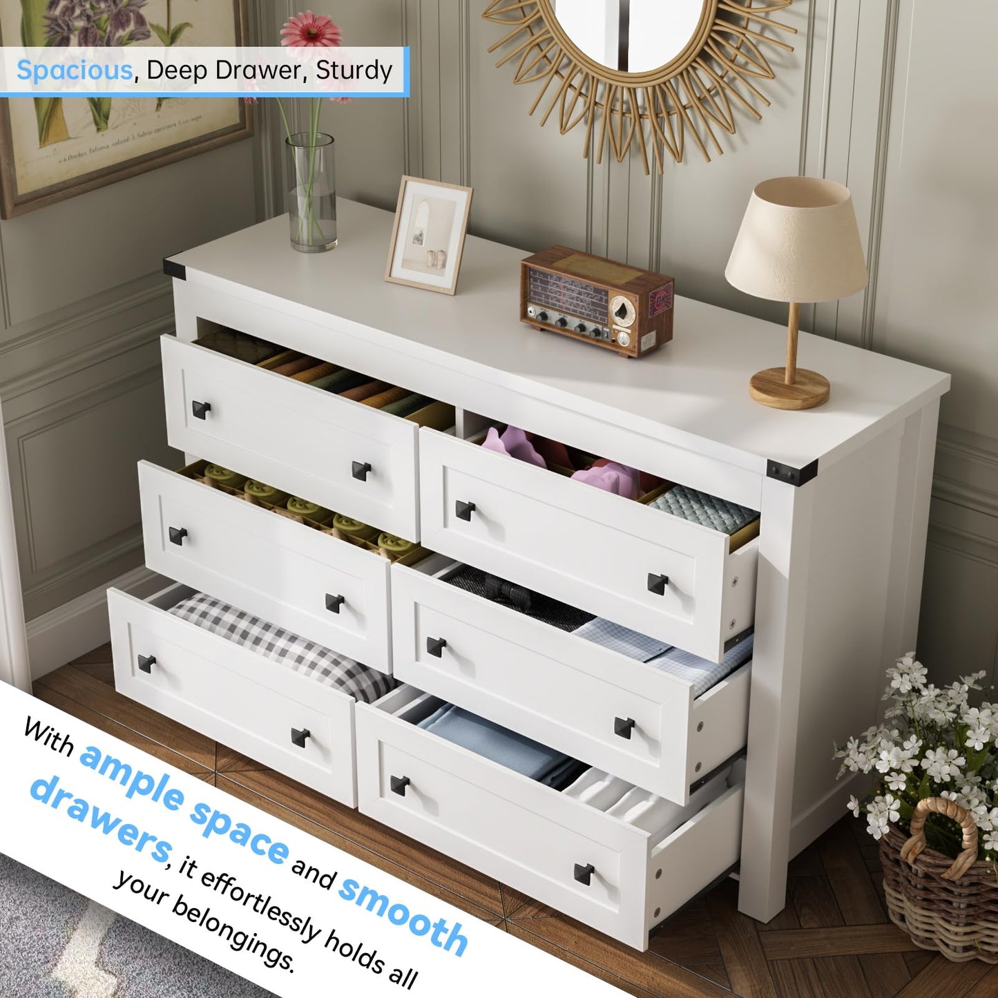 HUANLEGO White Dresser for Bedroom with 6 Drawers, Modern Chest of Drawers, Wood Rustic Wide Storage Drawers Dressers Organizer for Closet, Living