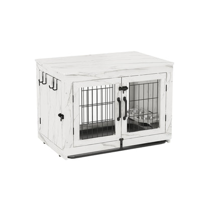 Piskyet Wooden Dog Crate Furniture with 360°Rotatable Removable Dog Bowls, Dog Crate End Table with Tray, Double Doors Dog Kennels for Medium Dogs - WoodArtSupply