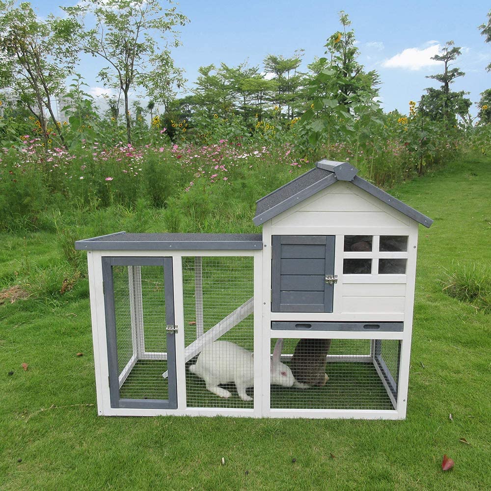 48''L Rabbit Hutch Indoor Outdoor Bunny Cage Rabbit Hutch Wood House Pet Cage for Small Animals (Grey/White) BIRASIL