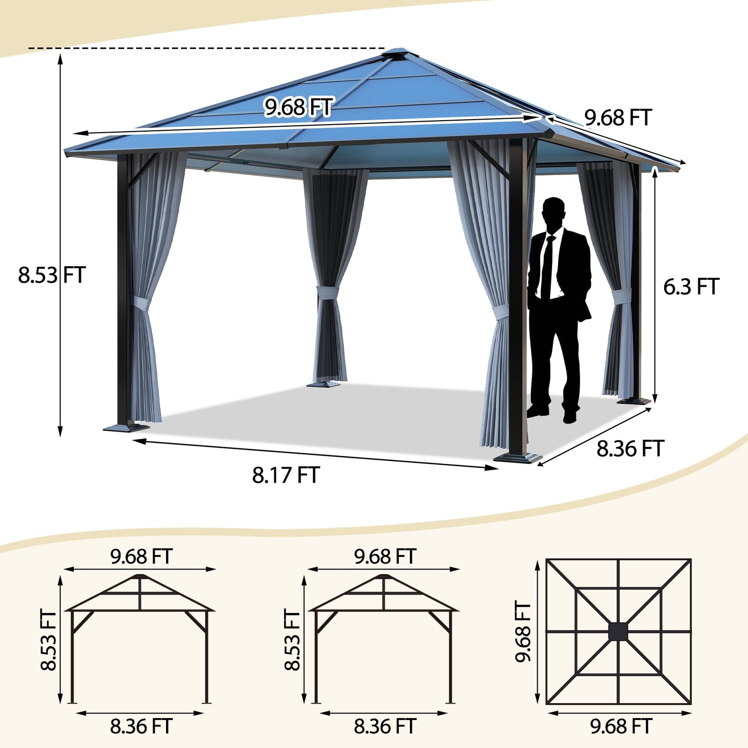 QZEN 10'x10' Hardtop Gazebo, Outdoor Polycarbonate Gazebo, Metal Frame Permanent Pavilion with Curtains & Netting for Backyard, Patio, Deck (10'x10' QZEN