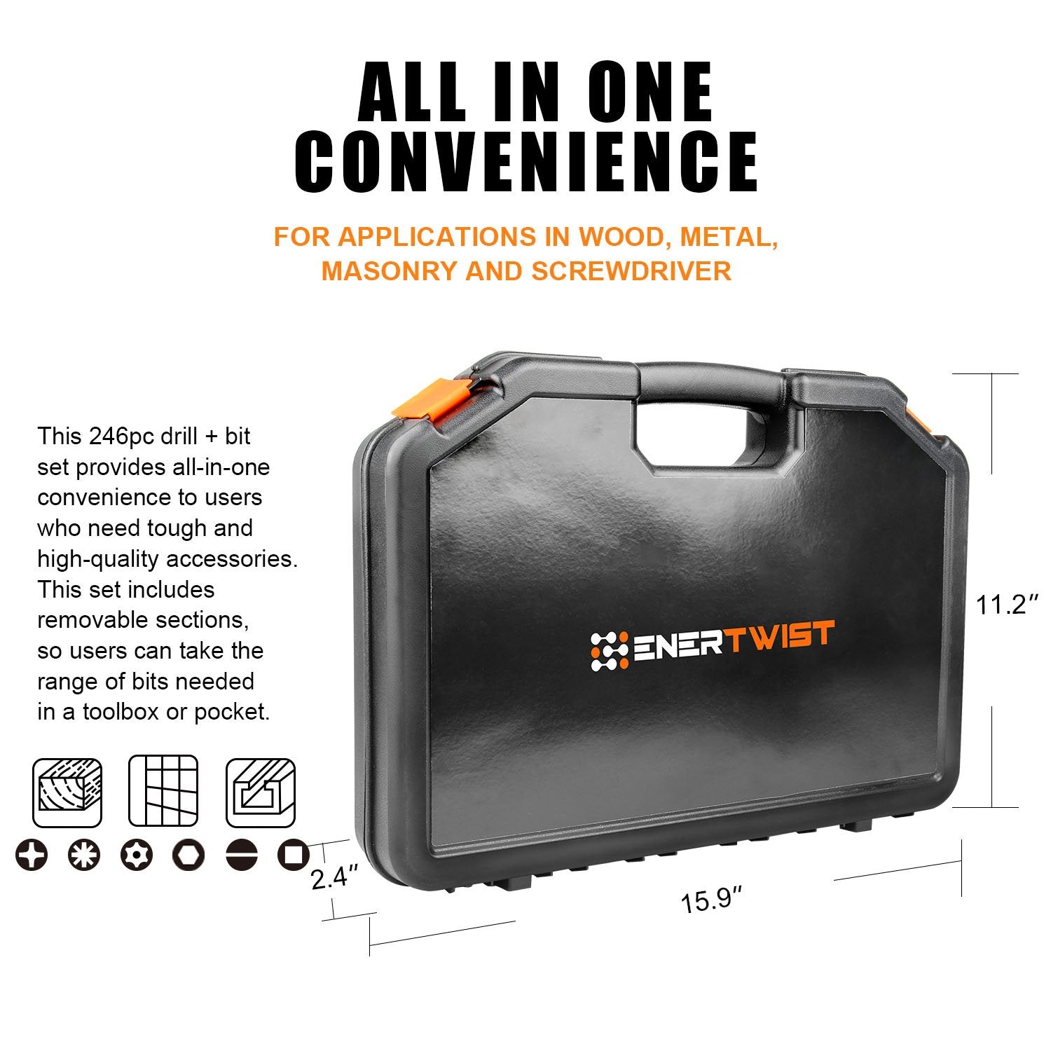 EnerTwist Drill Bit Set, 246-Pieces Drill Bits and Driver Set for Wood Metal Cement Drilling and Screw Driving, Full Combo Kit Assorted in Plastic ENERTWIST