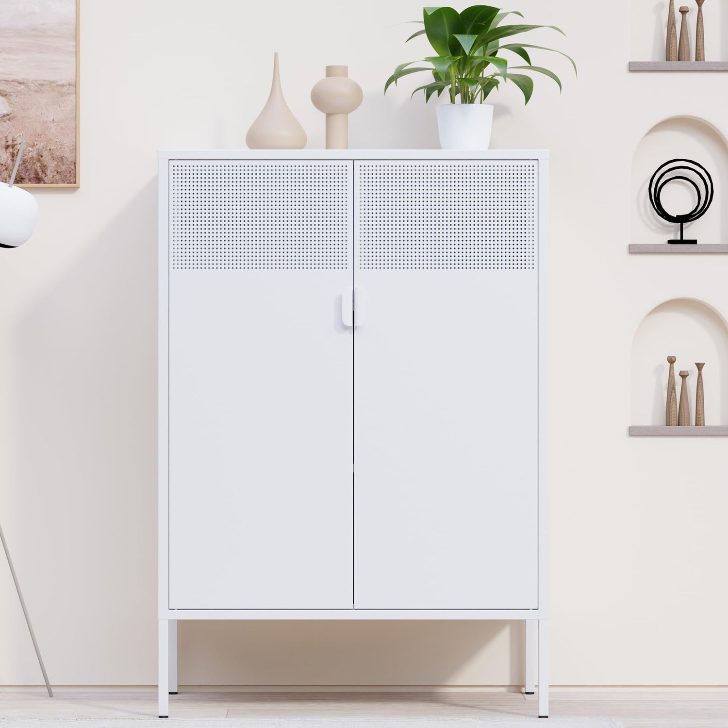 Washsemba Metal Storage Cabinet with Doors and Shelves, White Metal Cabinet, 3-Tier Office Cabinet,Metal Locker Storage Cabinet for Office, Home, Washsemba