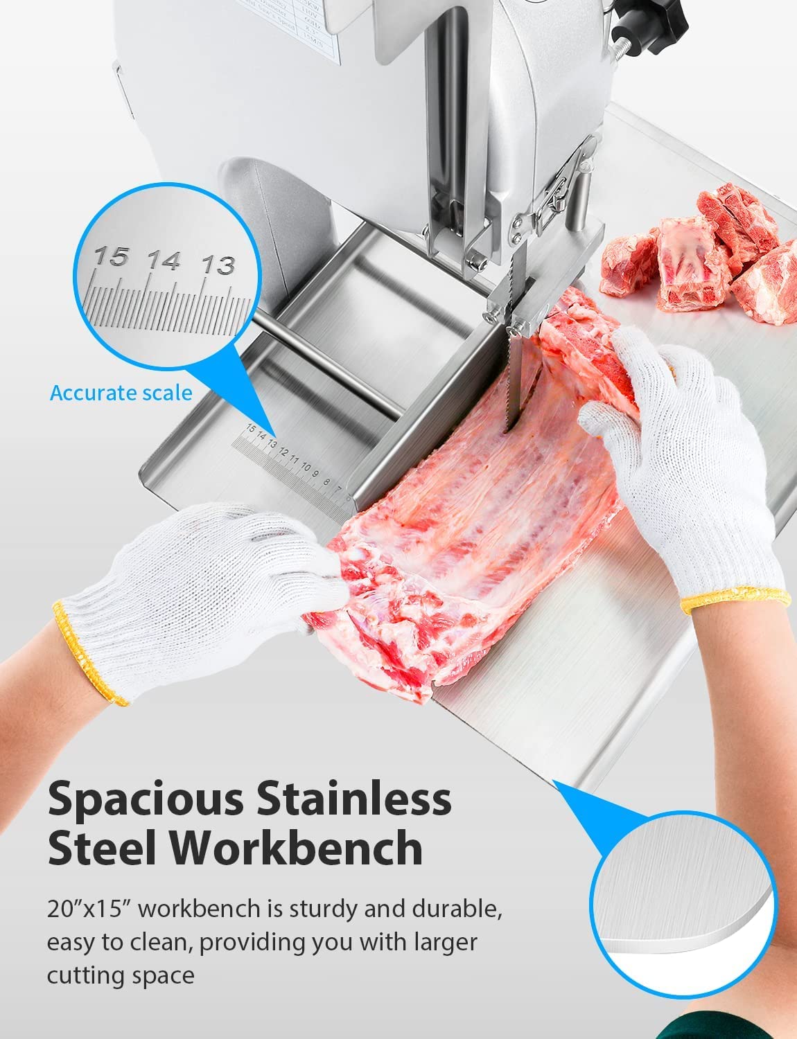 1500W Electric Bone Saw Machine, 0.8-5.9 Inch Cutting Thickness, 2.6 HP Frozen Meat Cutter 110V Commercial Bandsaw, 20x15in Table Sawing for Fish Rocita