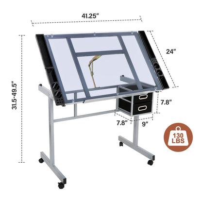 LEMY Drafting Table, Height Adjustable Artist Desk with Slide Storage Drawers and Wheels, Work/Art Station for Drawing, Writing, Home Office - WoodArtSupply