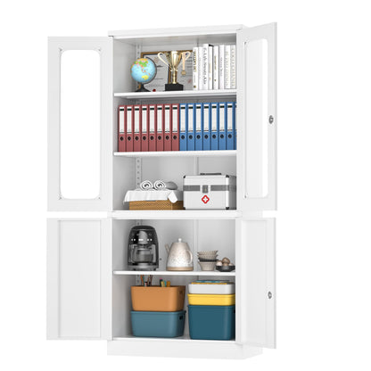 Greenvelly Metal Storage Cabinet with Lock, White Tall Office Storage Cabinet with 2 Glass Doors and Adjustable Shelves, Steel File Storage Cabinet