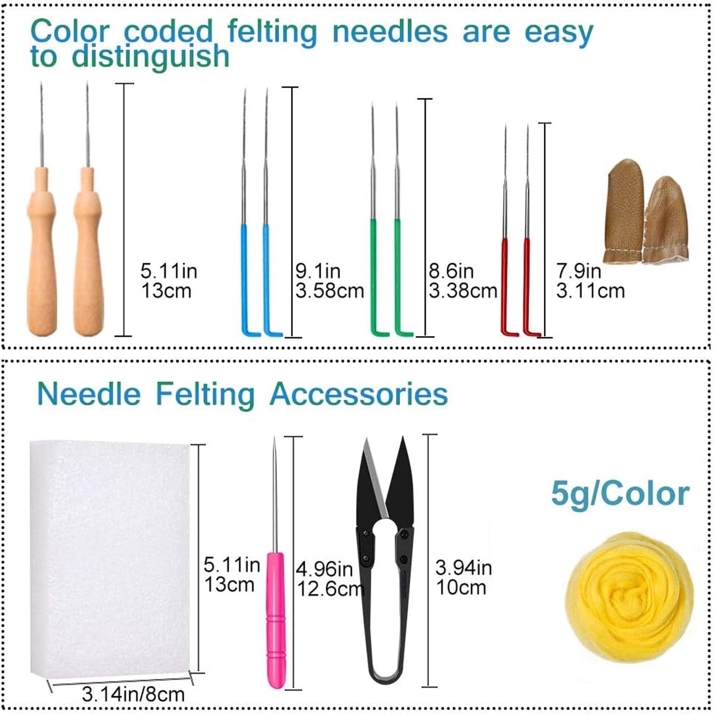 JUPEAN Needle Felting Kit, Wool Roving (5g/Color), Complete Needle Felting Starter Kit with Basic Felt Tools and Supplies Wool Fibre Spinning Craft