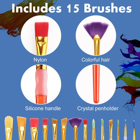 15Pcs Paint Brushes Value Pack, Includes 15 Different Types of Brushes, Nylon Colorful Hair with Silicone Crystal Penholder, Prefect Works with Oil, KEVIN&SASA CRAFTS
