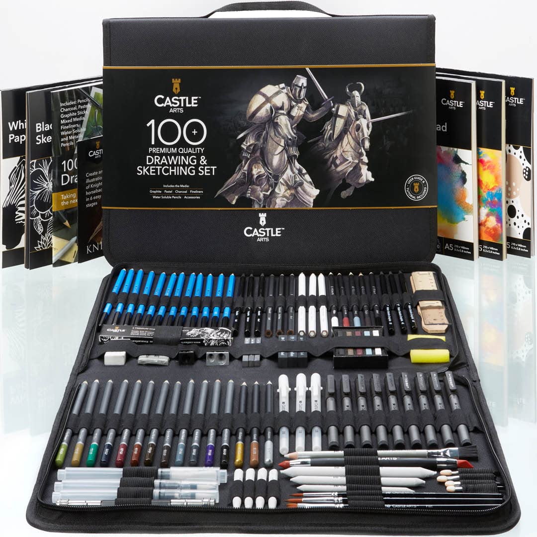 Castle Art Supplies 100 Piece Drawing & Sketching Set | Graphite, Charcoal, Pastel, Metallic & Water Soluble Pencils + Sticks, Fineliners | For Castle Art Supplies