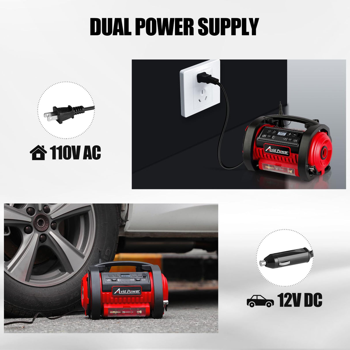 AVID POWER Tire Inflator Portable Air Compressor, 12V DC / 120V AC Car Tire Pump, Air Mattress Pump with Inflation and Deflation Modes, Dual Powerful AVID POWER