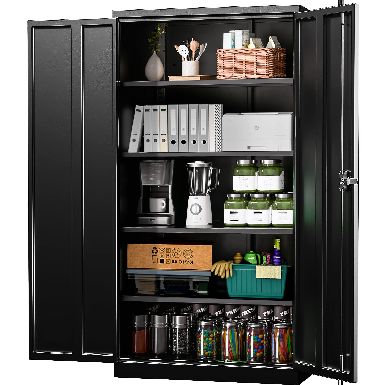 INTERGREAT Metal Garage Storage Cabinet with Locking Doors and Shelves,Black Lockable Steel Tool Cabinet,Tall File Cabinet Locker with Lock for Home - WoodArtSupply