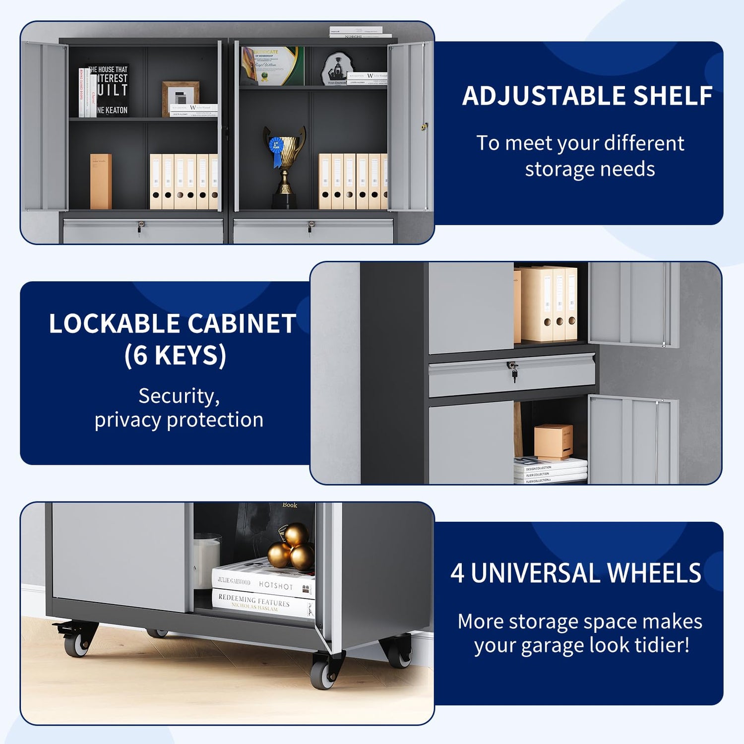 Yizosh Metal Garage Storage Cabinet with Locking Doors and Adjustable Shelves, Rolling Tool Storage Cabinet with 4 Wheels and 1 Drawer - 73" Steel Yizosh