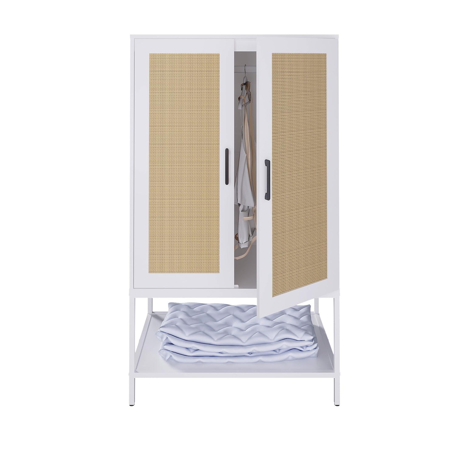 BOCVKENN Wardrobe Closet,Rattan Bedroom Armoires with 2 Doors,Wooden Wardrobe Cabinet with Shelves and Hanging Rod for Clothes,White BOCVKENN