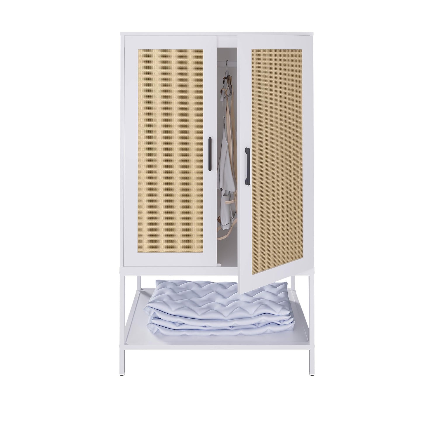 BOCVKENN Wardrobe Closet,Rattan Bedroom Armoires with 2 Doors,Wooden Wardrobe Cabinet with Shelves and Hanging Rod for Clothes,White - WoodArtSupply