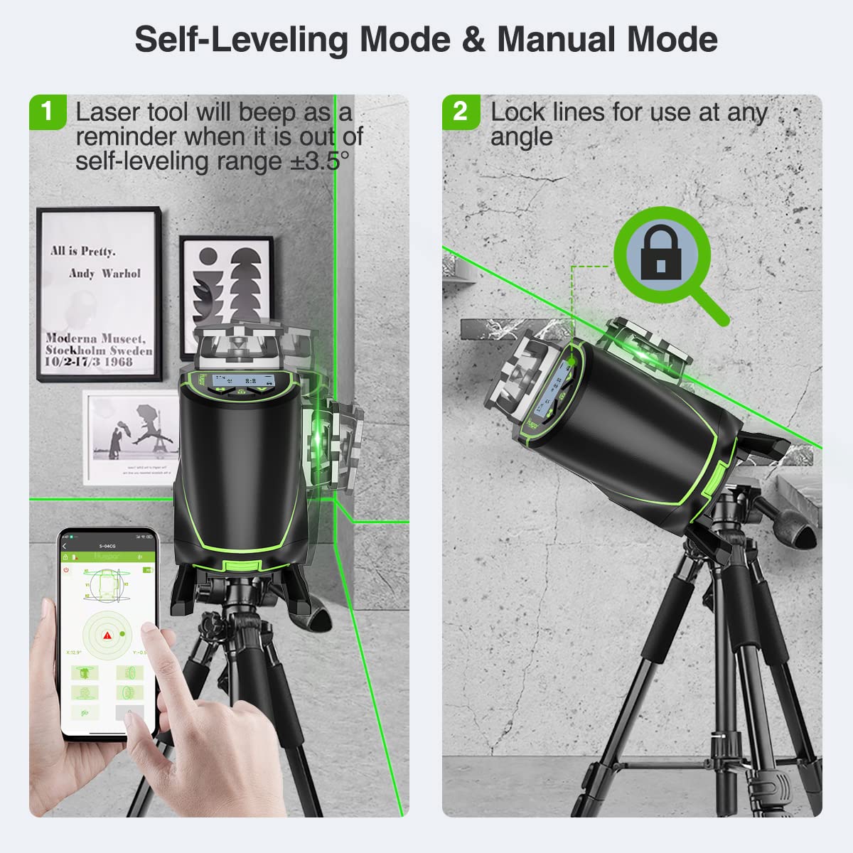 Huepar 16 Lines Self-Leveling Laser Level 4 x 360 Cross Line Laser with LCD Screen, 4D Bluetooth Green Beam Tiling Floor Laser Tool -360 Huepar