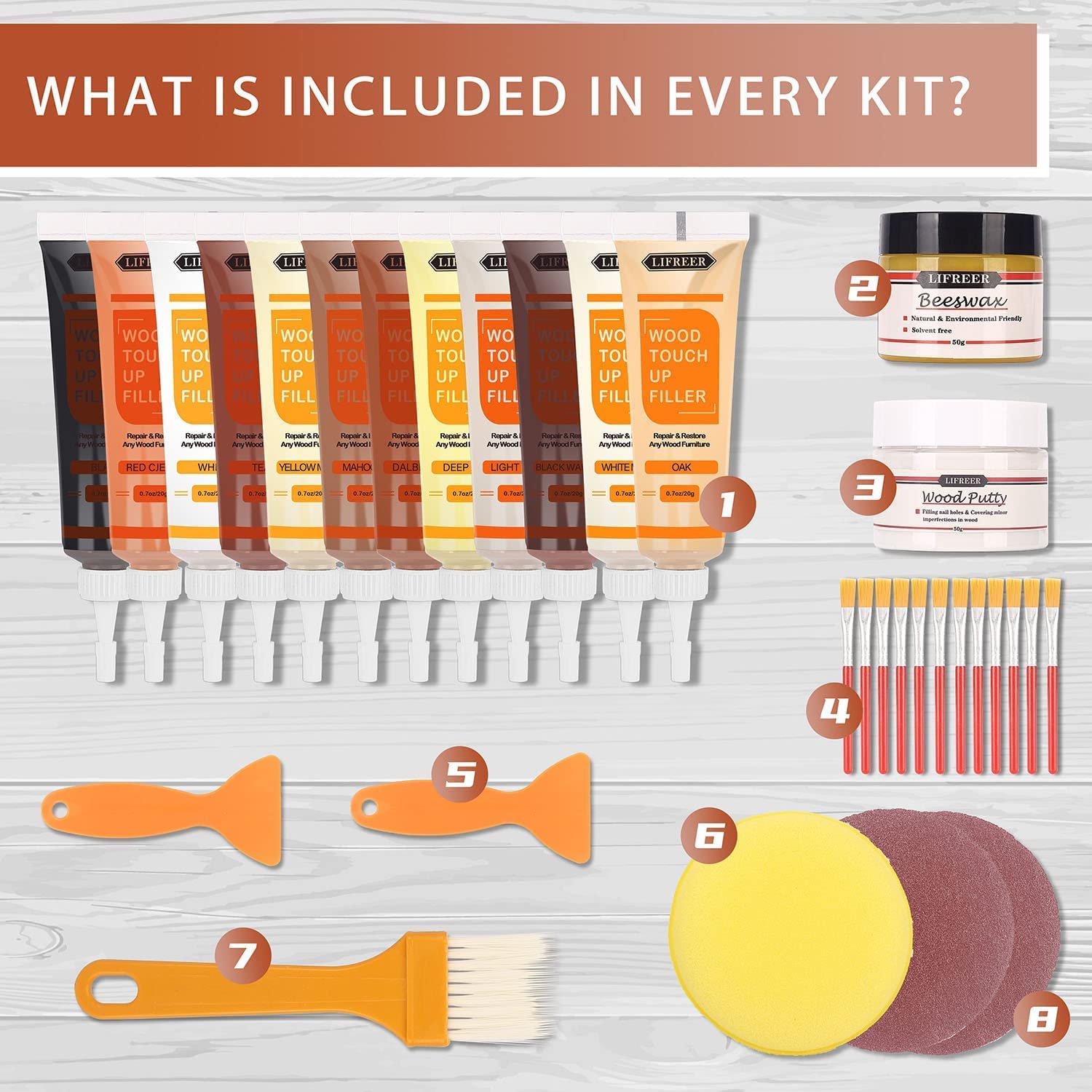 Lifreer Wood Furniture Repair Kit, High-Performance Wood Filler, Wood Putty with Beeswax - Hardwood Floor Scratch Repair Kit for Scratch, Cracks, Lifreer