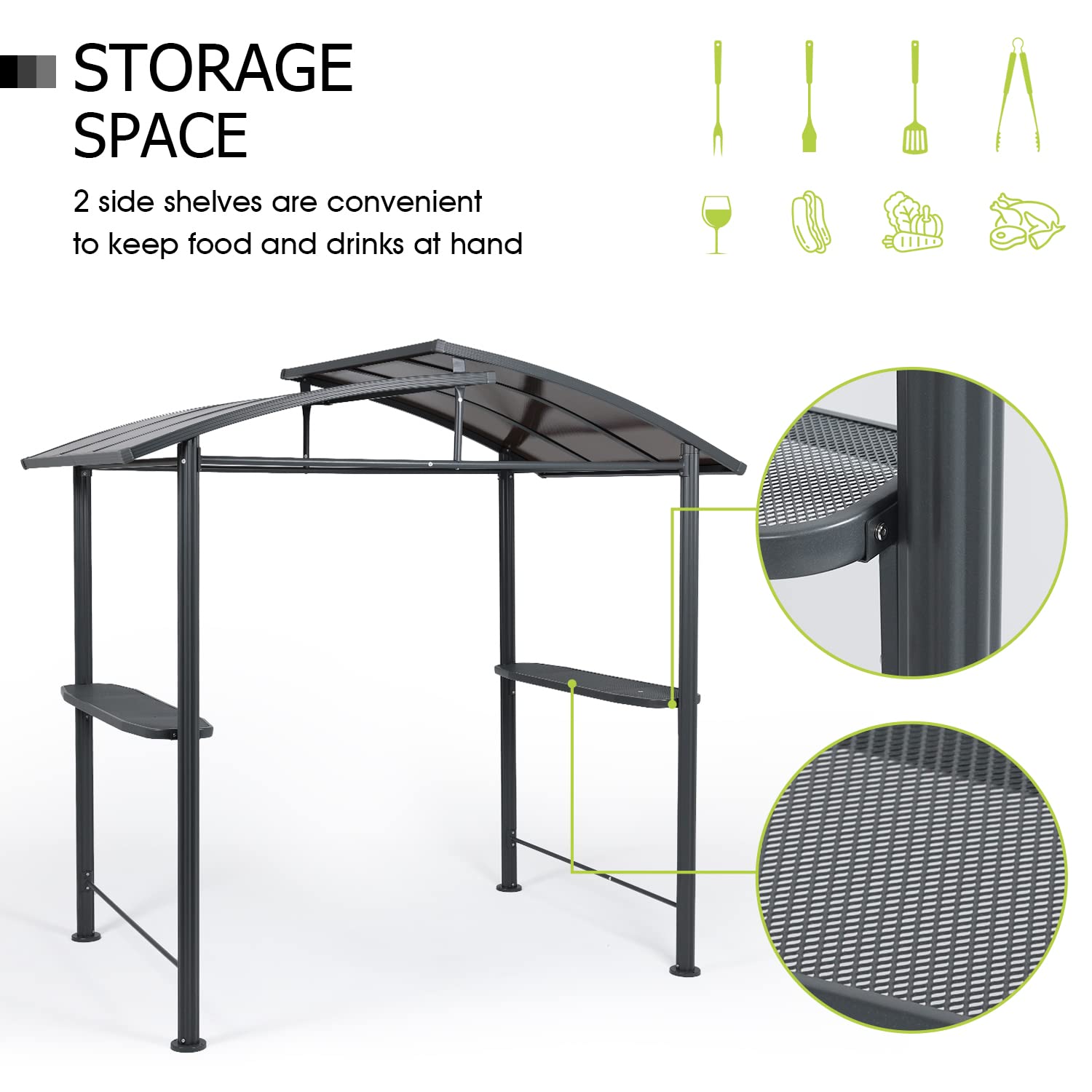 Aoodor 8 x 5 ft. BBQ Grill Gazebo Shelter, Dark Gray Steel Frame and Brown Double-Tier Polycarbonate Top Canopy, with Side Shelves, for Outdoor, Aoodor