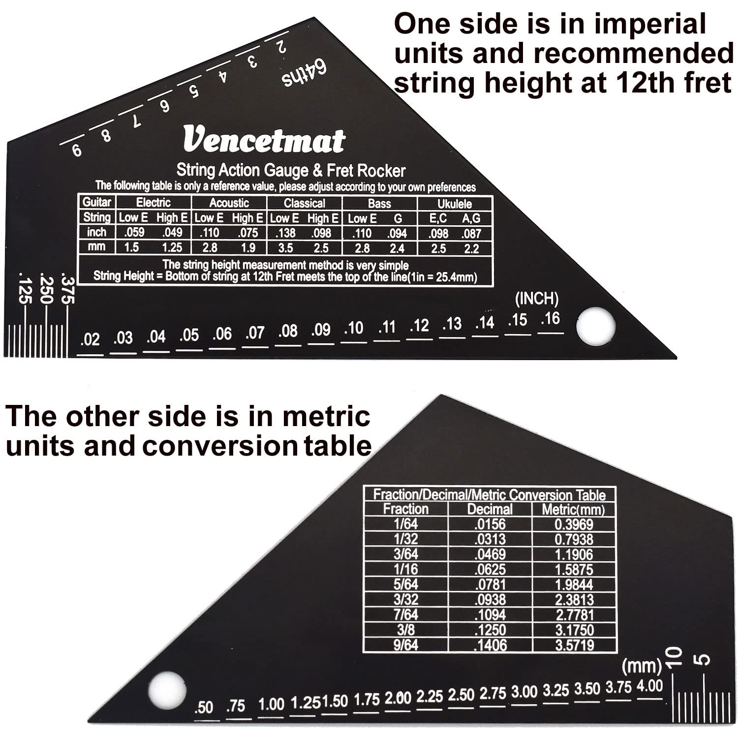 Vencetmat Guitar String Action Gauge, String Height Ruler, Guitar Fret Rocker, Fret Leveling Guide, Buzzing Fret Catcher, 1mm Thickness, Laser VENCETMAT