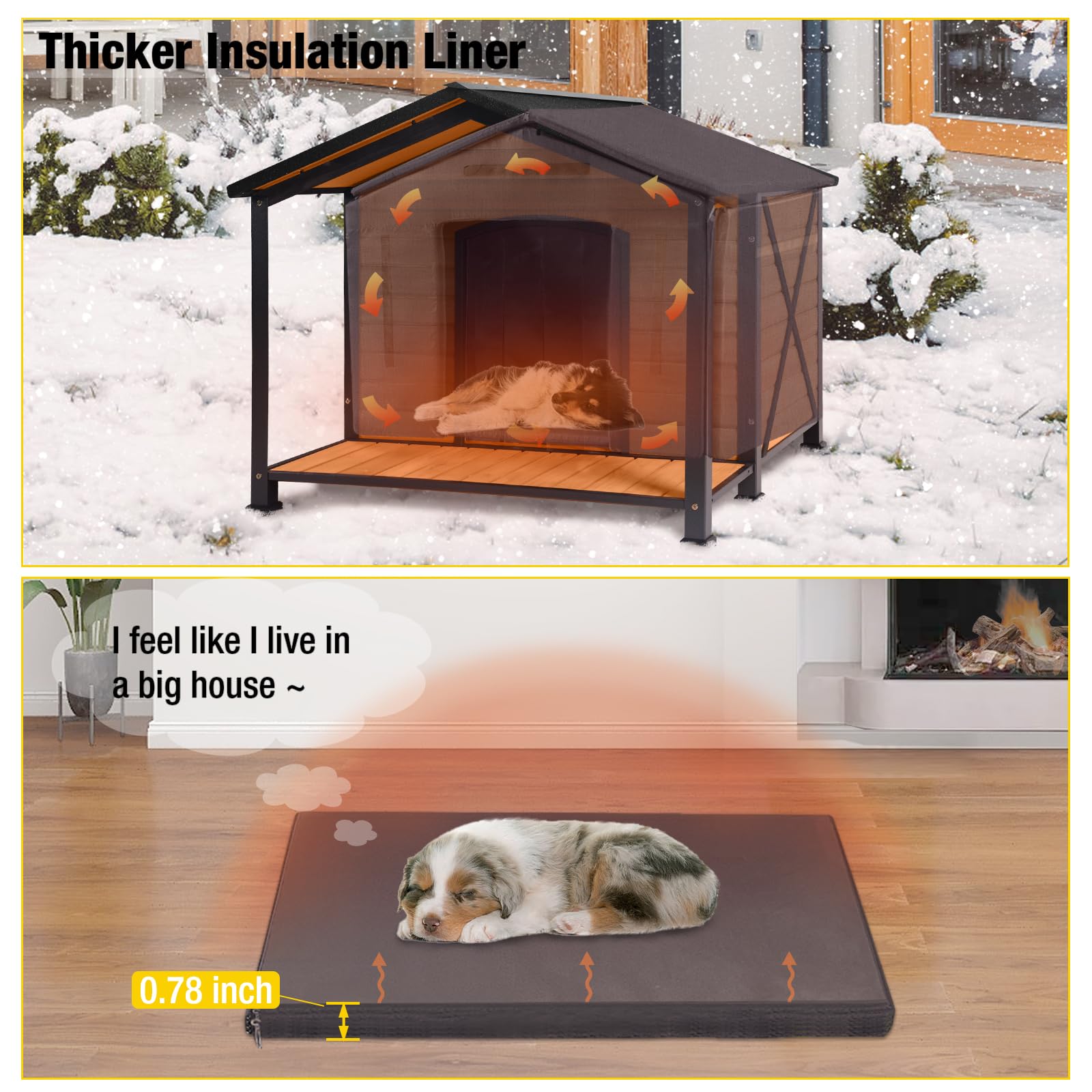 Aivituvin Dog House with Insulated Liner Outdoor All-Around Iron Frame Dog Kennel Outside with Overhang Roof Large Porch Weatherproof - WoodArtSupply