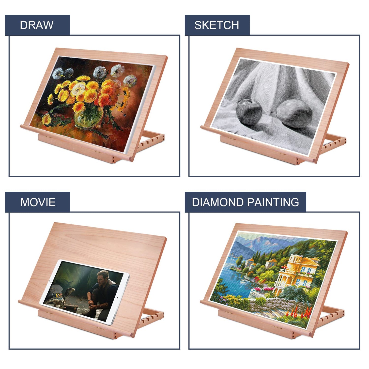 Large Artist Drawing & Sketching Board, 6-Position Adjustable Wood Drafting Table Easel, 24.8"L x 16.5" W (A2) Art Easel for Artist, Beginners, Miratuso